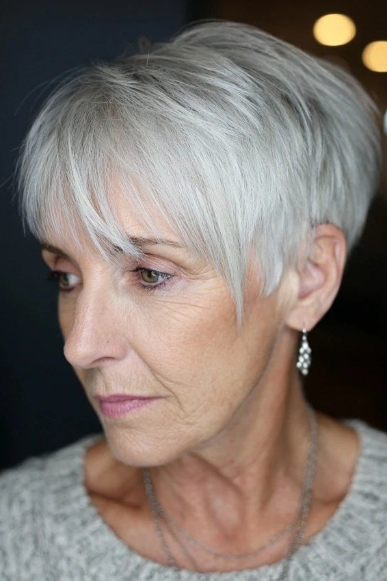 White Pixie with Fringe - grey hairstyle for women over 60