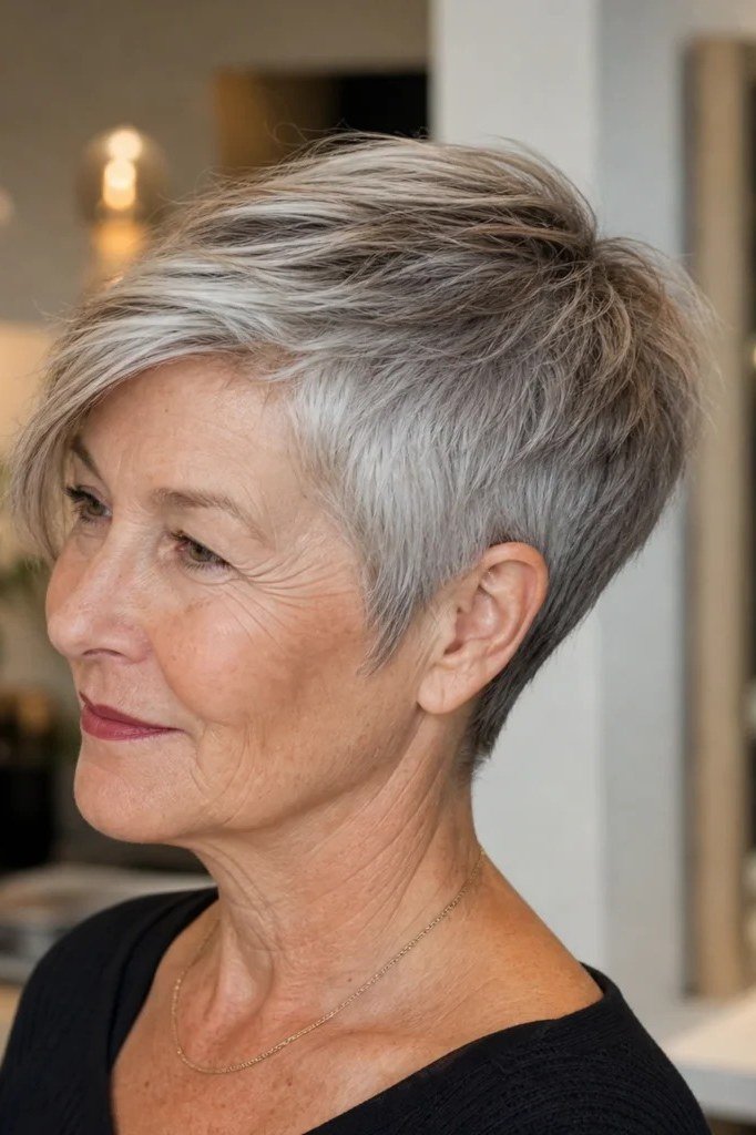 Closely tapered silver pixie haircut for women over 60