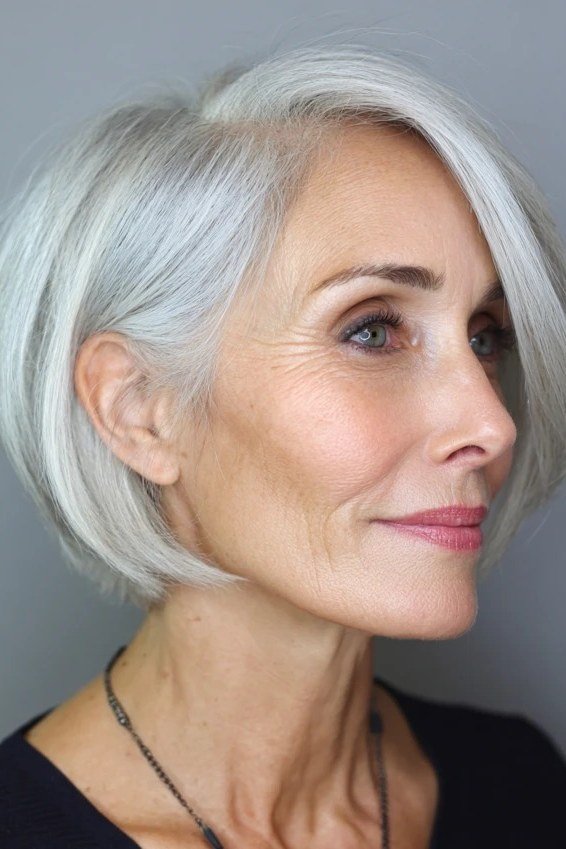 sleek silver bob with sculpted side profile for women over 50