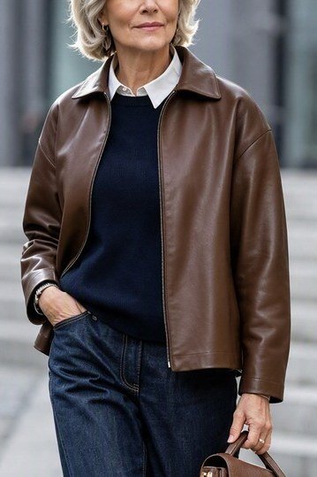 Brown leather jacket with navy sweater and jeans fall outfit idea for women over 60