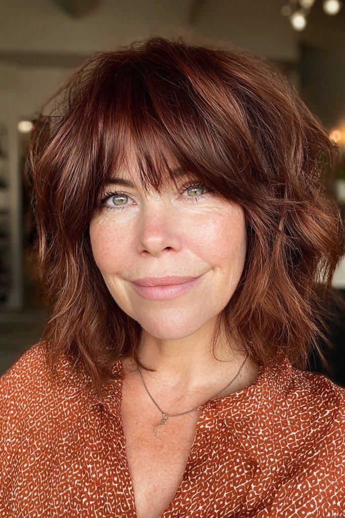 Copper auburn shaggy lob with bangs for women over 60