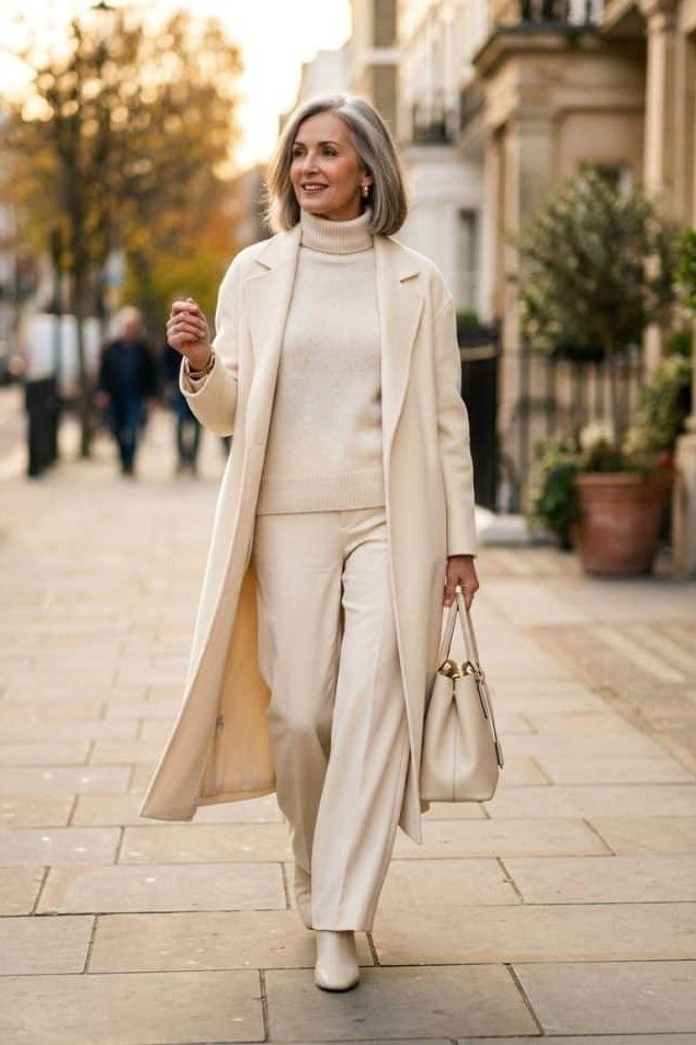 ivory long coat with ivory knit and ivory trousers for women over 50