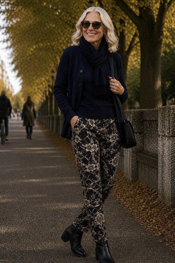 Casual fall outfit for women over 60: forest green turtleneck, black trousers, black loafers