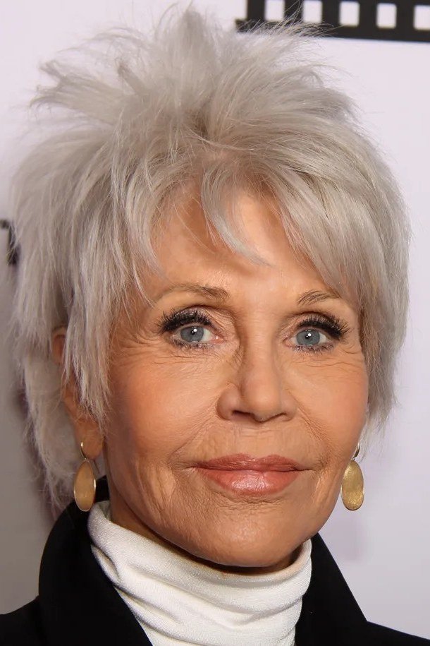 White shaggy pixie, front view - wispy hairstyle for women over 40