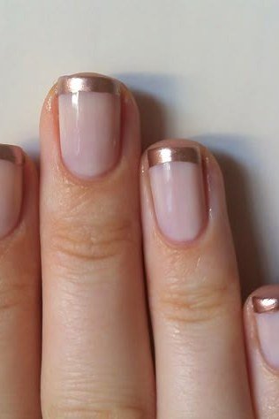 Mauve solid with copper metallic french tips, oval shape, medium length, glossy, fall nail color for women over 40