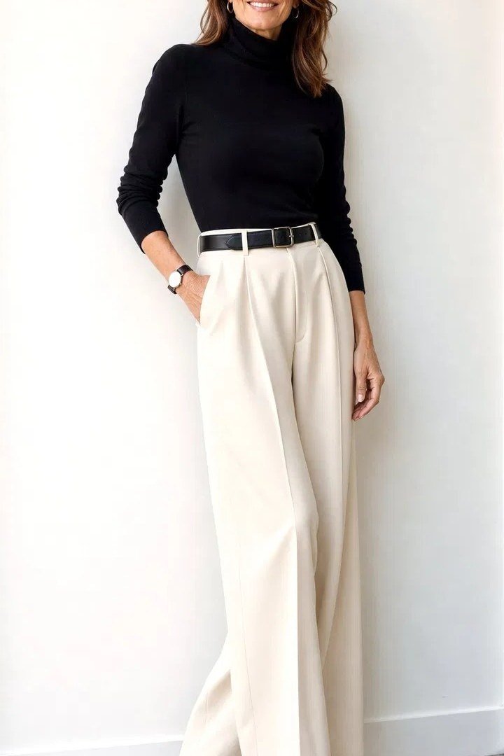 Black turtleneck cream wide-leg trousers, woman against white wall - business casual work outfit for women over 50