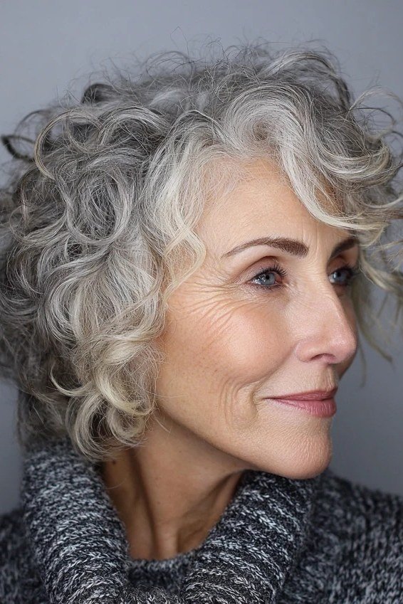 Silver-Grey Tight Curly Bob - curly bob hairstyle for women over 50