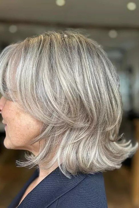 Silver Layered Bob with Flipped Ends for women over 70