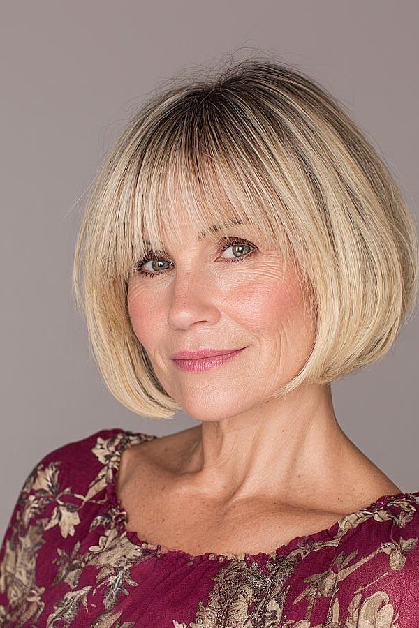 Blonde Bob with Curtain Bangs, chic bob haircut for women over 50