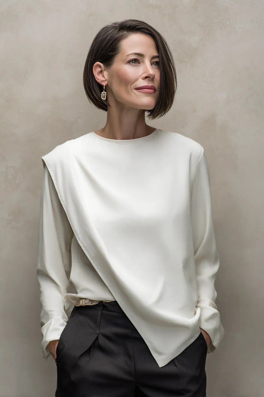 Sleek dark chin-length bob with tucked sides for women over 40