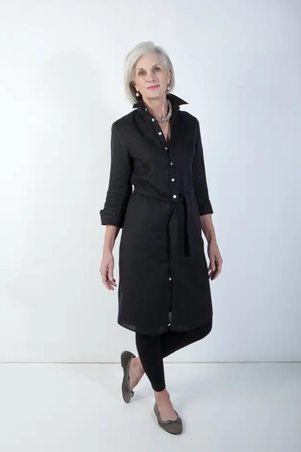 Simple Black Shirtdress outfit for women over 70, chic style idea 32