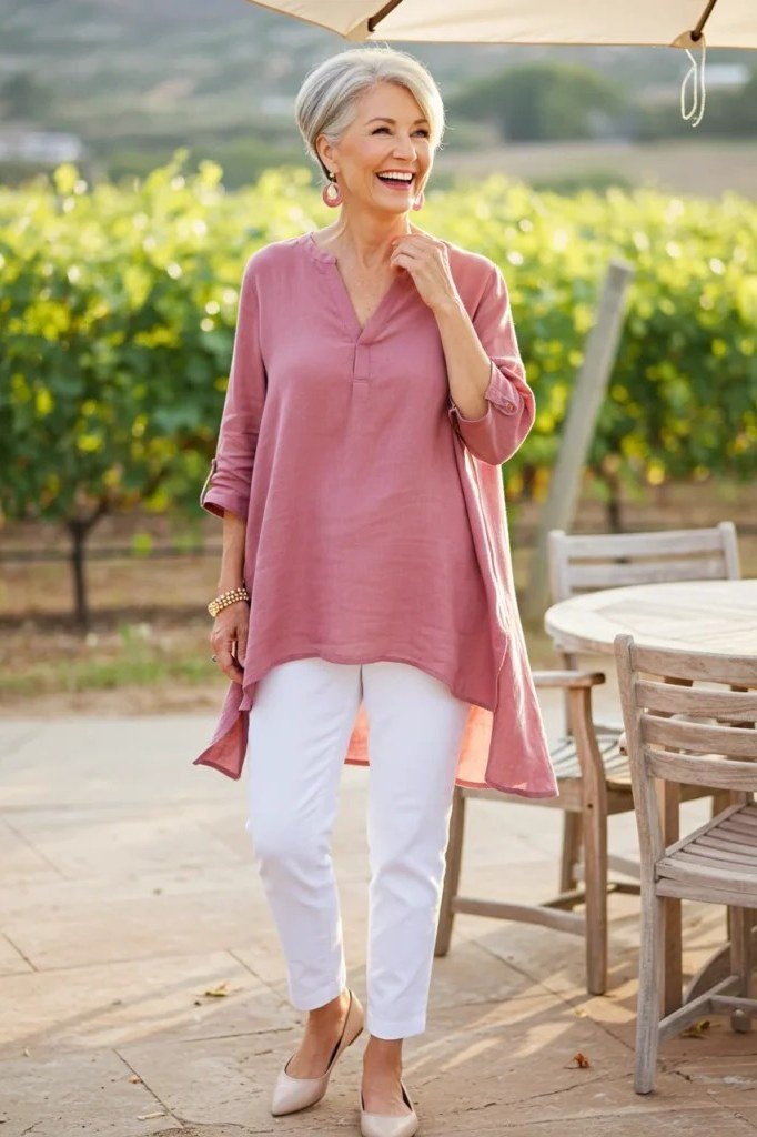 Pink tunic with white trousers for women over 70