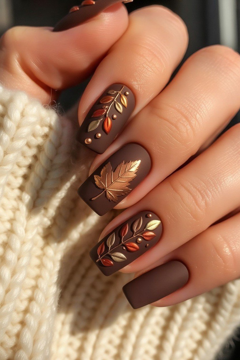 Matte brown maple leaf nails, fall nail design for women over 60
