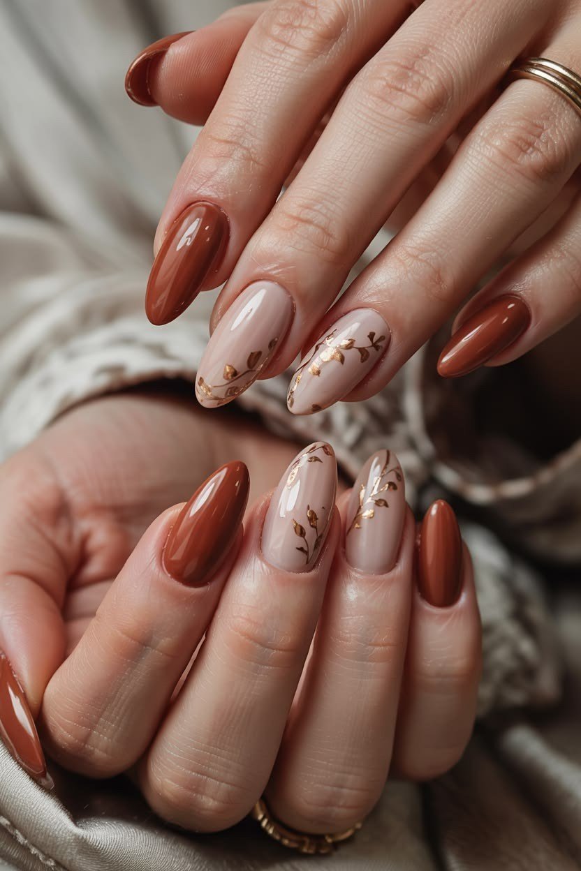 Rust with beige leaf art almond, elegant fall nail design for women over 40