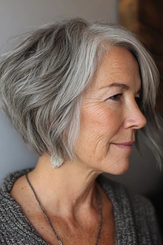 Silver Layered Profile Bob - shaggy bob haircut for women over 60