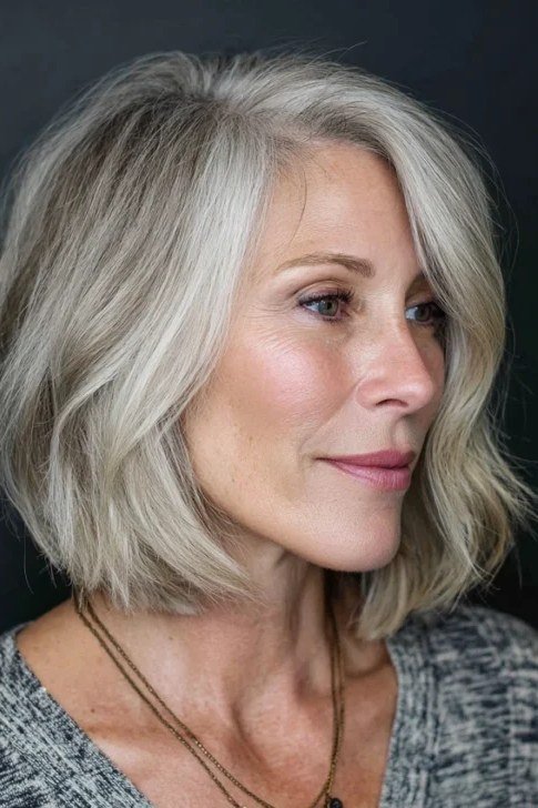 Silver smooth lob, side view, woman in her 60s