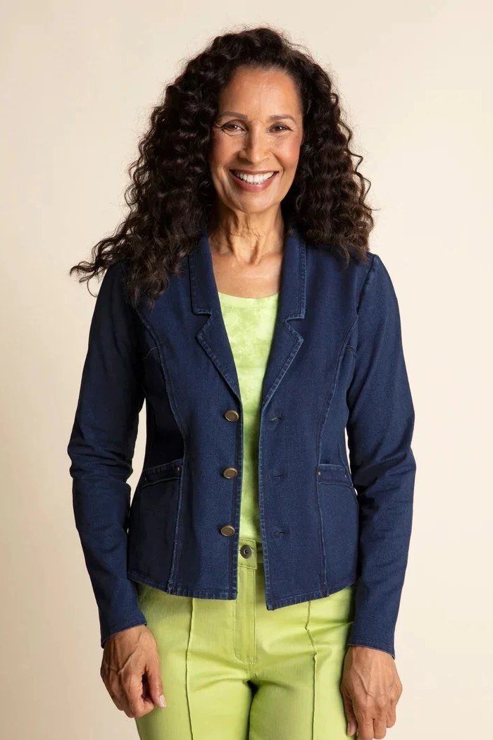 Navy Knit Blazer With a Lime Green Top and Lime Trousers, smart casual outfit for women over 50