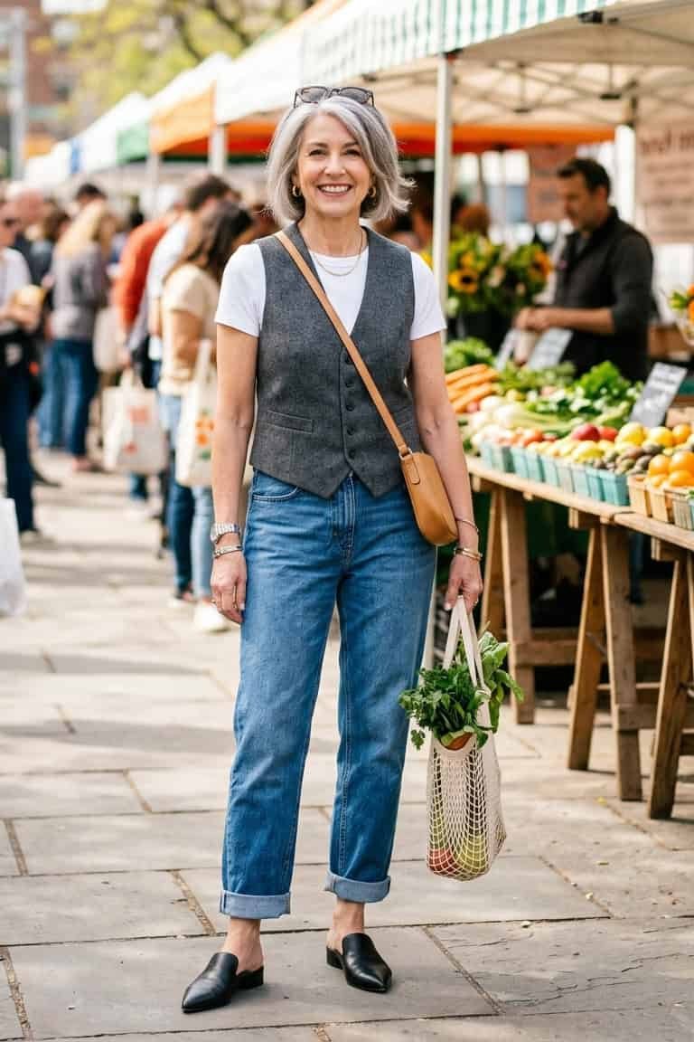 Easy casual outfit idea for women over 50: gray vest over white tee and jeans, older woman everyday style