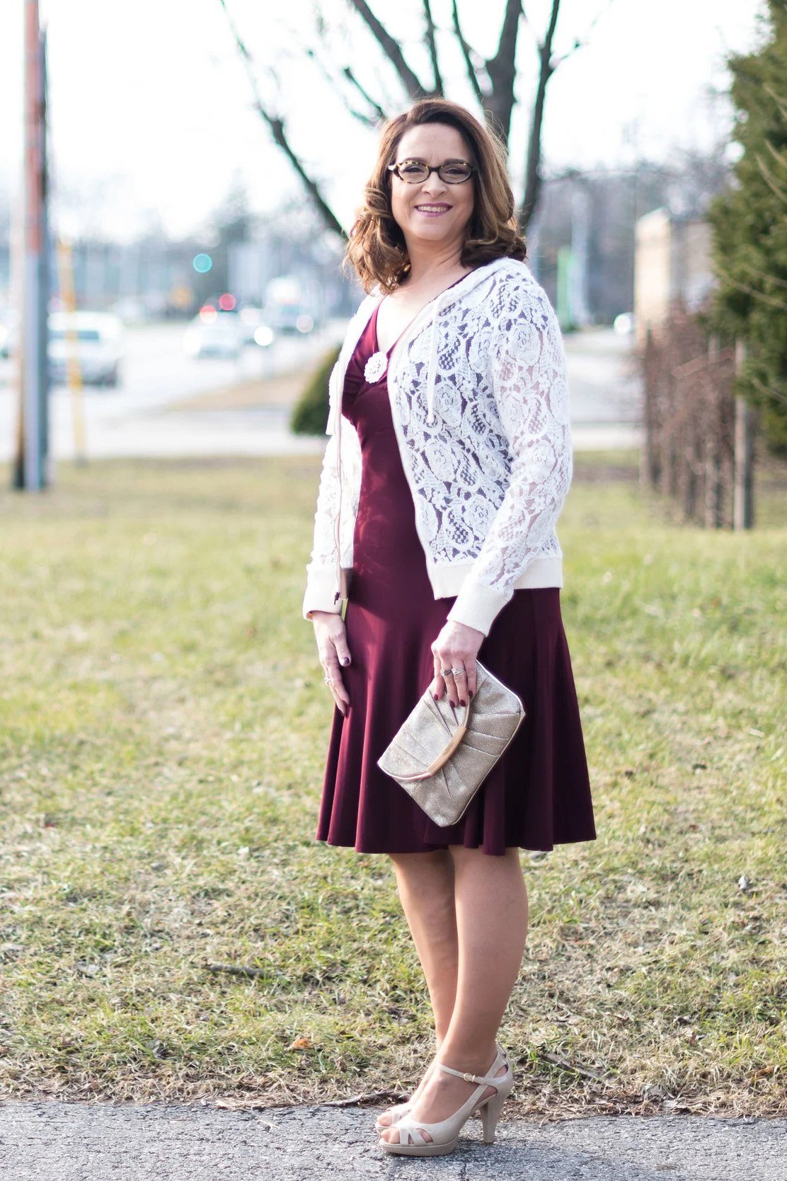 white lace cardigan over burgundy midi dress church outfit for women over 60