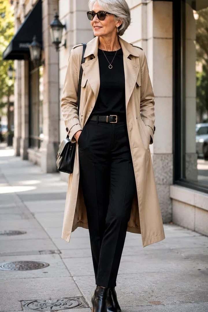 Older woman in beige trench coat over black outfit