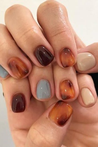 Mixed Warm Brown Multi-Color Nails, chocolate brown fall nail design for women over 60
