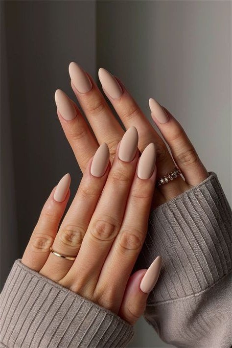 Matte Taupe Nude Long Almond - elegant nude nail design for women over 60
