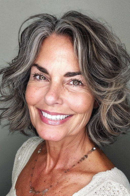 curly silver bob for older women, front view