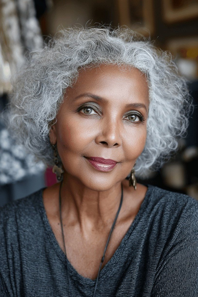 Silver curly crop, front view, Black woman, timeless hairstyle for women over 70