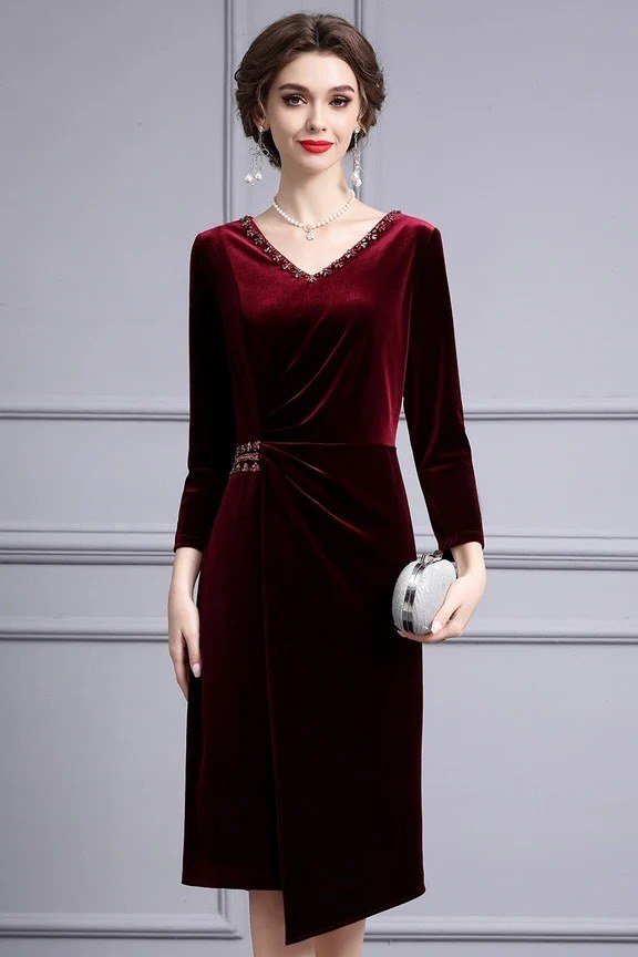 burgundy velvet wrap midi dress, elegant cocktail dress for women over 60