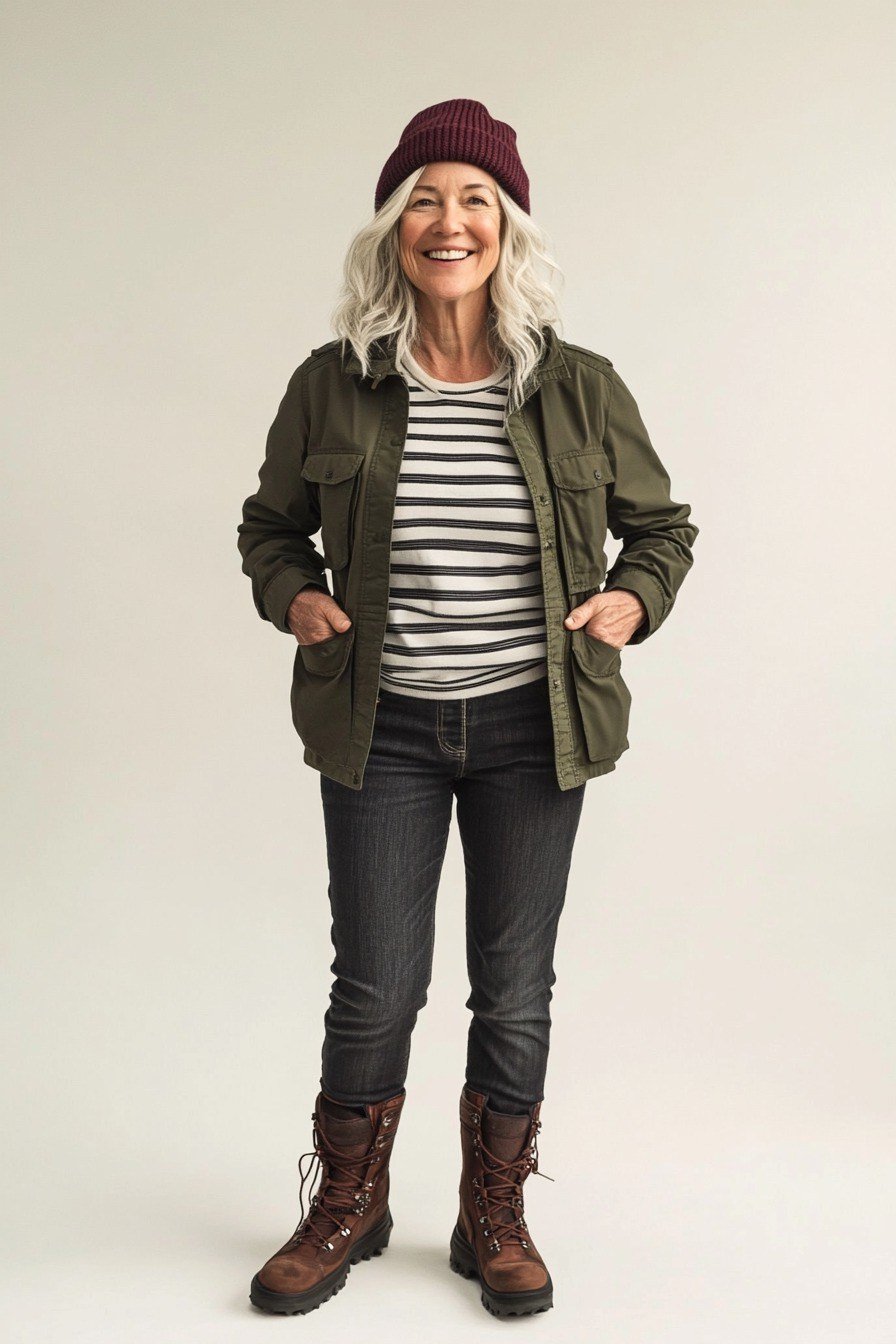 Fall city outfit for women over 50: olive utility jacket striped top dark jeans brown boots burgundy beanie