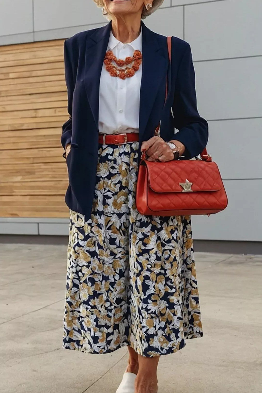 Navy Blazer with a Floral Midi Skirt, classic casual outfit for women over 70