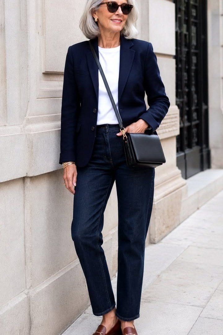 navy blazer white tee dark straight jeans crossbody bag loafers women over 50