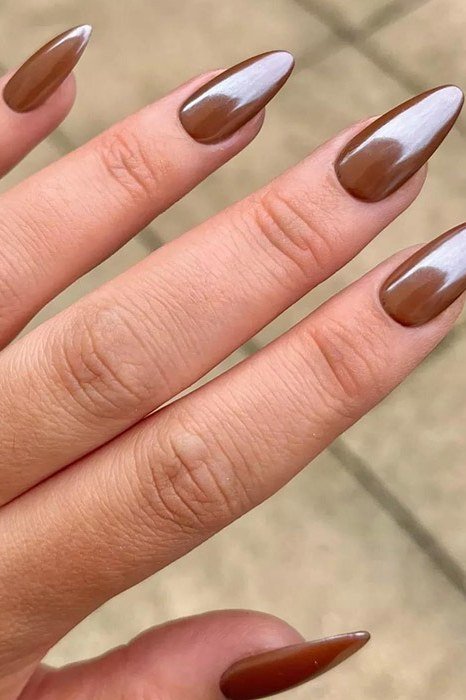 Caramel Chrome Almond Nails - brown nail idea for women over 50