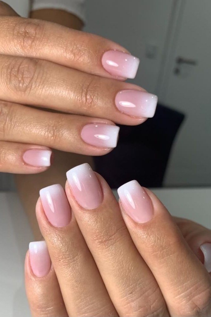 pink white baby boomer fade on short square nails mature hands