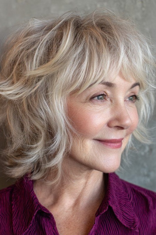 Textured White Shag - medium shag haircut for women over 40