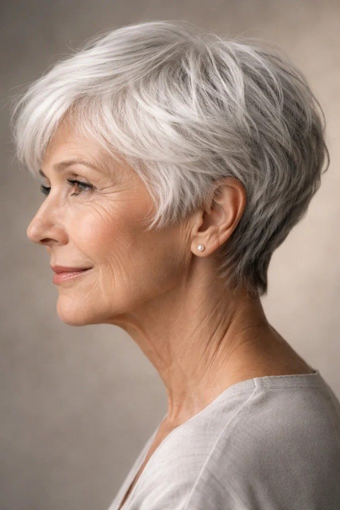 White Pixie with Rounded Shape - sassy hairstyle for older women