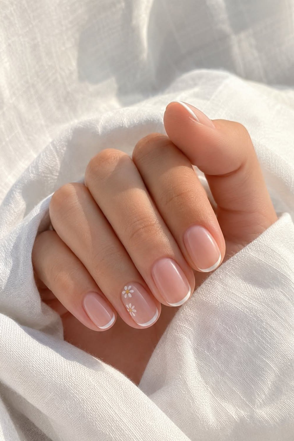 Pearl Dot Accent - micro french manicure with ultra-thin tip line, elegant nail design for women over 50