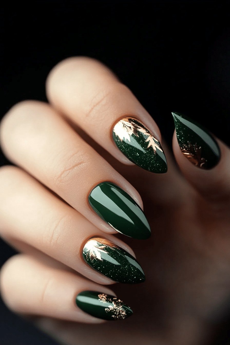 Dark emerald green nails with gold leaf accents