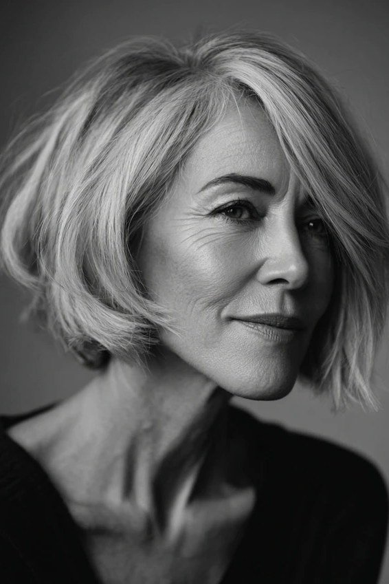 grey textured bob black and white photo side part - textured bob haircut idea for women over 60