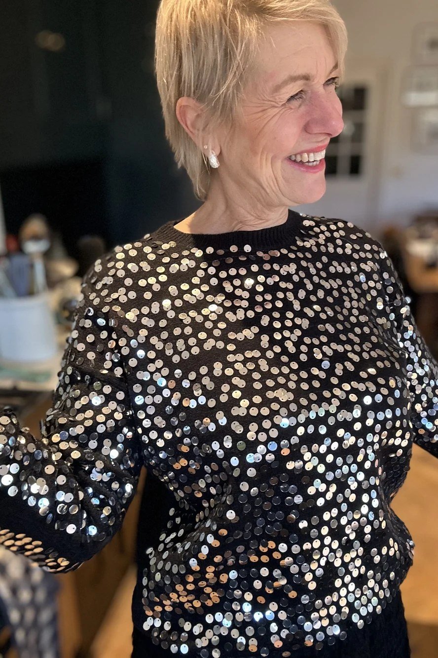 holiday evening outfit for women over 60: black and silver sequin top