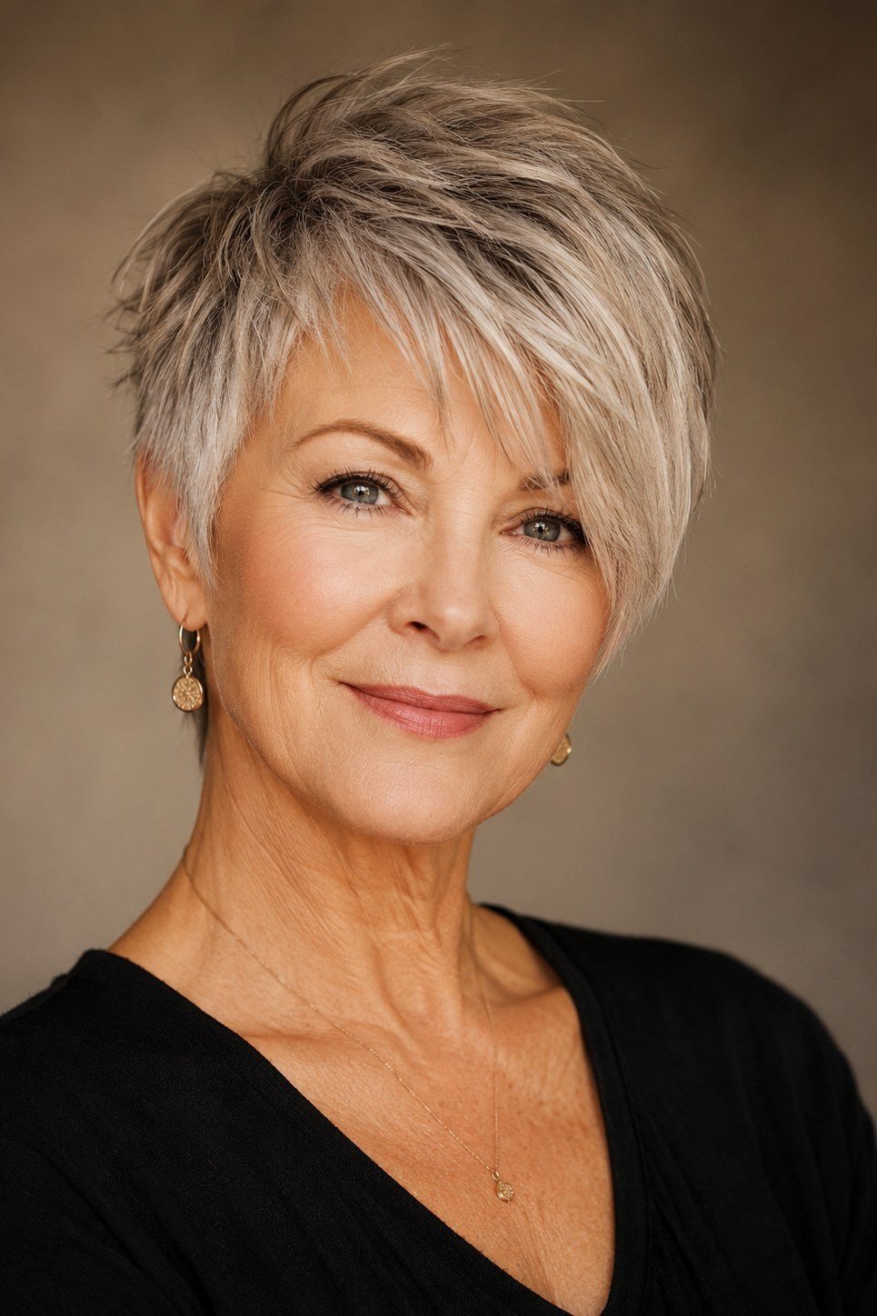 Sleek Grey Pixie, Front View - bold edgy pixie haircut for women over 50