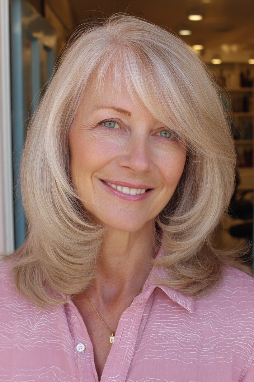 Blonde feathered medium cut with a bright face-framing money piece for women over 60