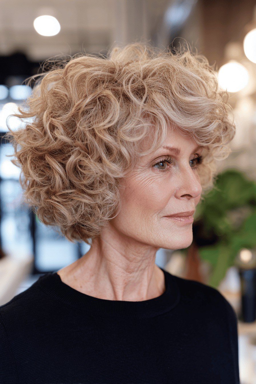 Salon-fresh bouncy blonde curly lob, side view