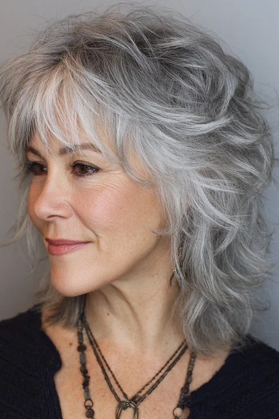 Silver Tousled Textured Lob - medium hairstyle for women over 60