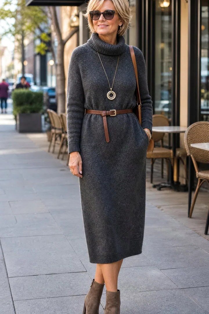 Charcoal turtleneck sweater dress with brown belt and tan booties, fall outfit for women over 50