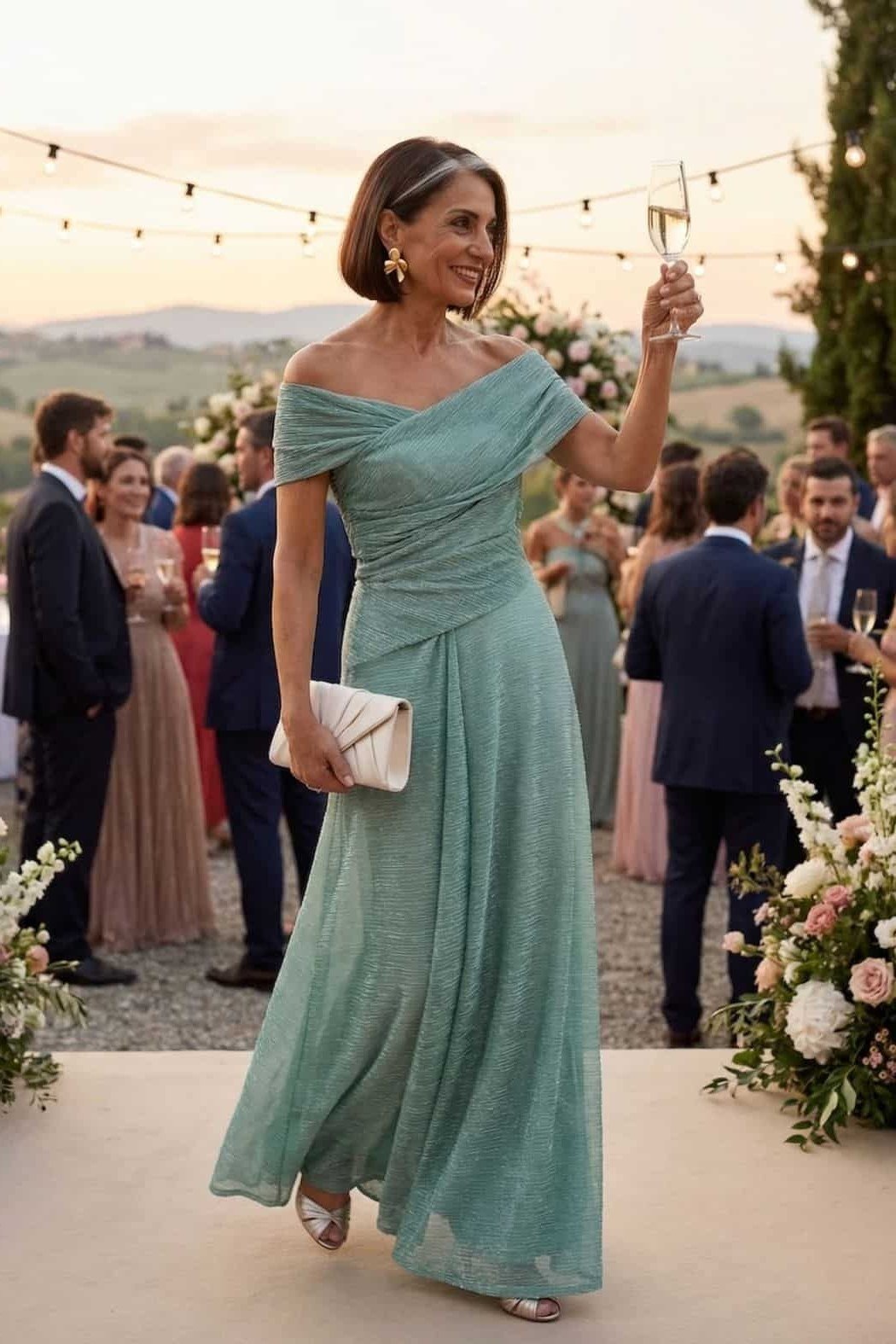 Sage green one-shoulder gown, wedding - wedding guest outfit for women over 50