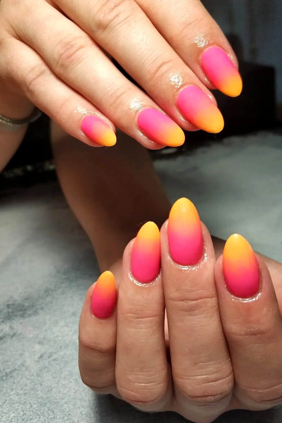 Neon Pink Yellow Short Round Ombre - Neon pink melts into sunny yellow on these short round nails.