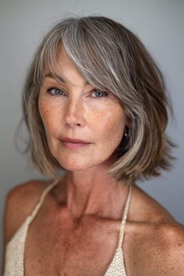 Gray layered bob haircut on an older woman, front view, medium hairstyle for women over 60