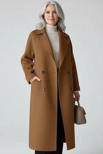 Camel midi coat over a beige turtleneck and matching trousers for women over 50 at work