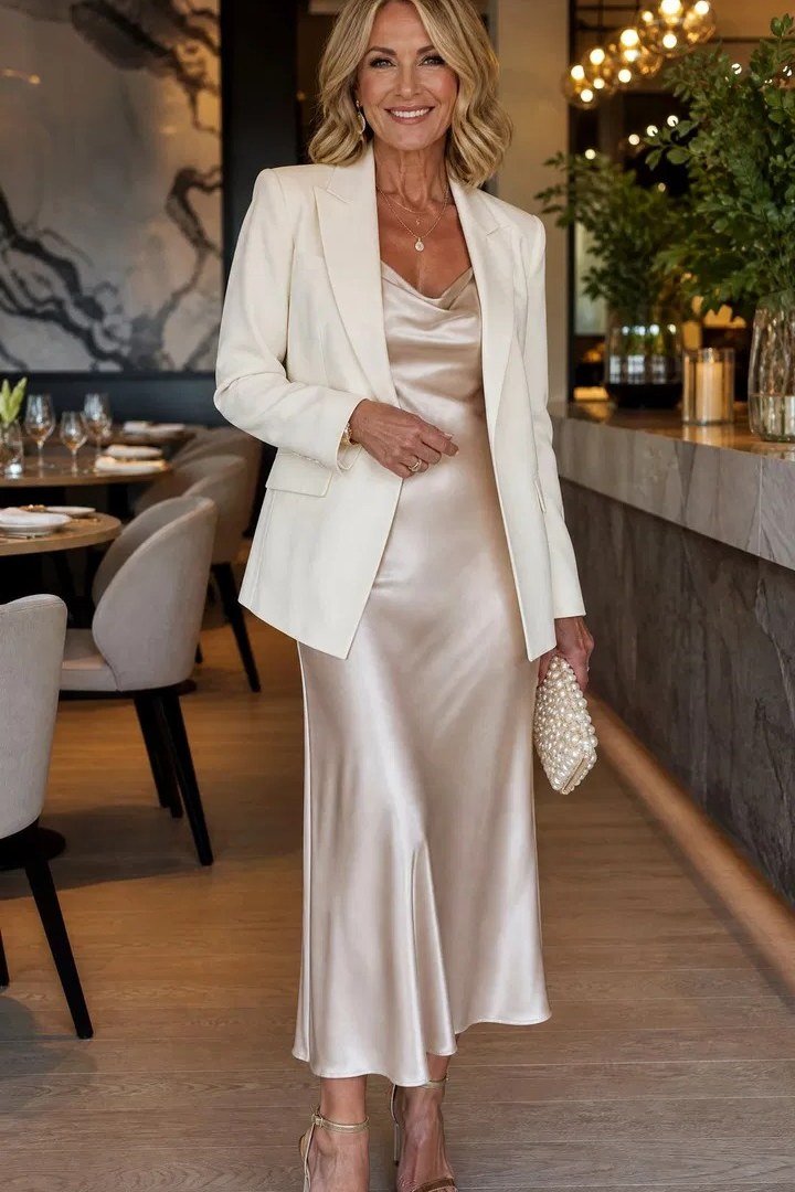 Blonde woman in white blazer over champagne satin slip skirt